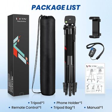 Штатив Victiv 162 см: розширюваний штатив з пультом для iPhone/Samsung/Huawei, для смартфонів та легких камер, 3-х стороння головка