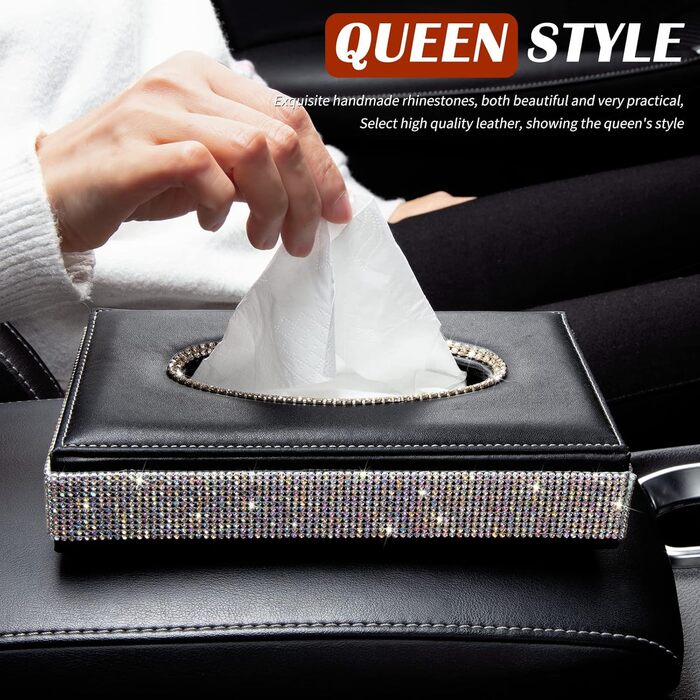 Rectangular tissue box – decorative tissue holder with sparkling crystal rhinestones and made from high-quality leather, perfect for car, office, home – Black
