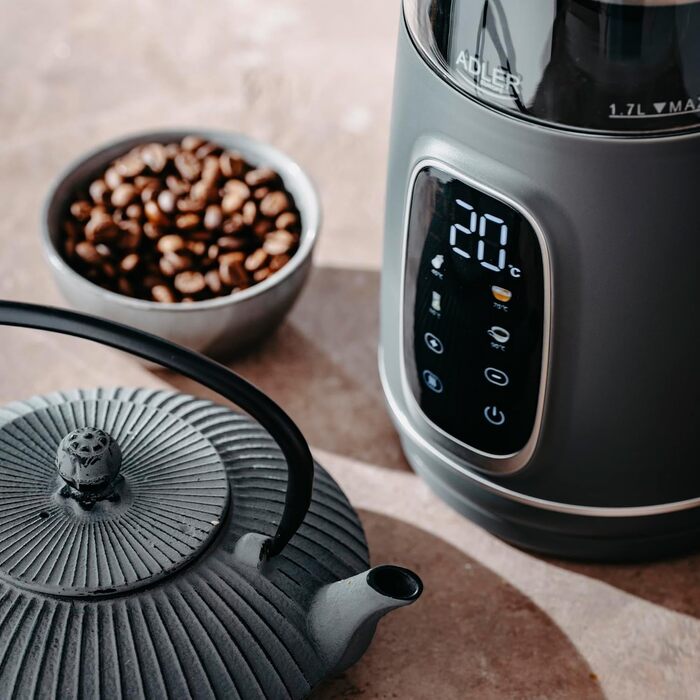 Електричний чайник Adler з регулюванням температури 2200W, 1.7L з LED-дисплеєм та сенсорною панеллю, 5 програм, функція підтримання тепла, фільтр, темно-сірий сріблястий колір