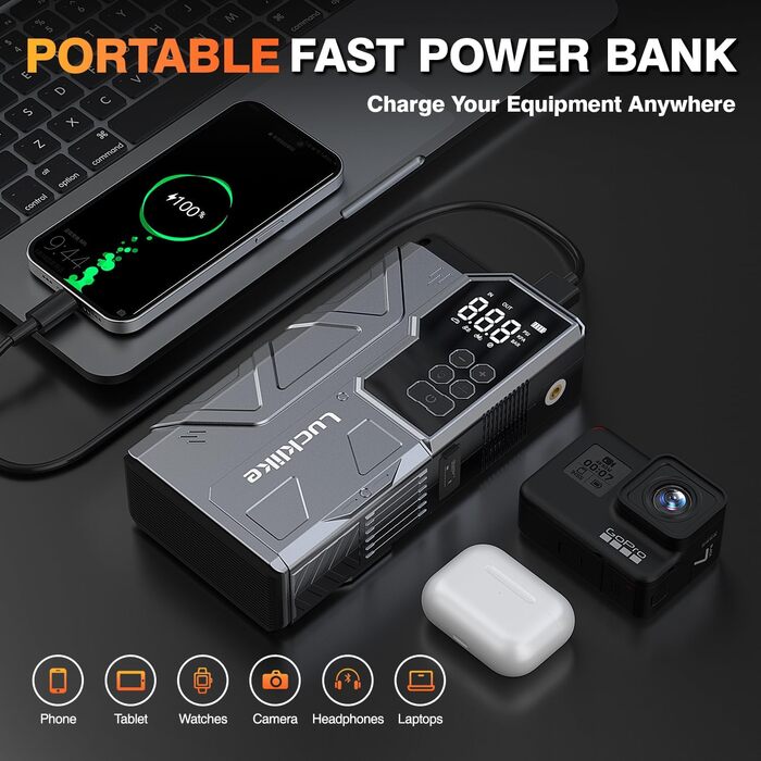Powerbank з компресором Lucklike для авто, 4000A, LED-ліхтарик, бустер для 10.0л бензинових та 8.0л дизельних двигунів, підходить для SUV, мотоциклів та газонокосарок