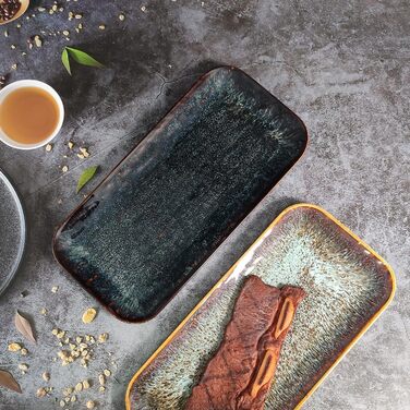 Набір керамічних тарілок YA JU (4 шт.) для основних страв, стейків, пасти, ризотто та закусок. Мікрохвильова піч, духовка, мийка посуду, стійкість до подряпин. Чорний прямокутний посуд