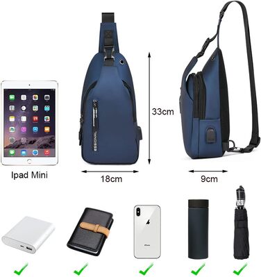 Чоловіча нагрудна сумка через плече, Oxford-тканина, USB-порт для зарядки, водонепроникна, для спорту, роботи, велосипеда, подорожей (Синій #4)