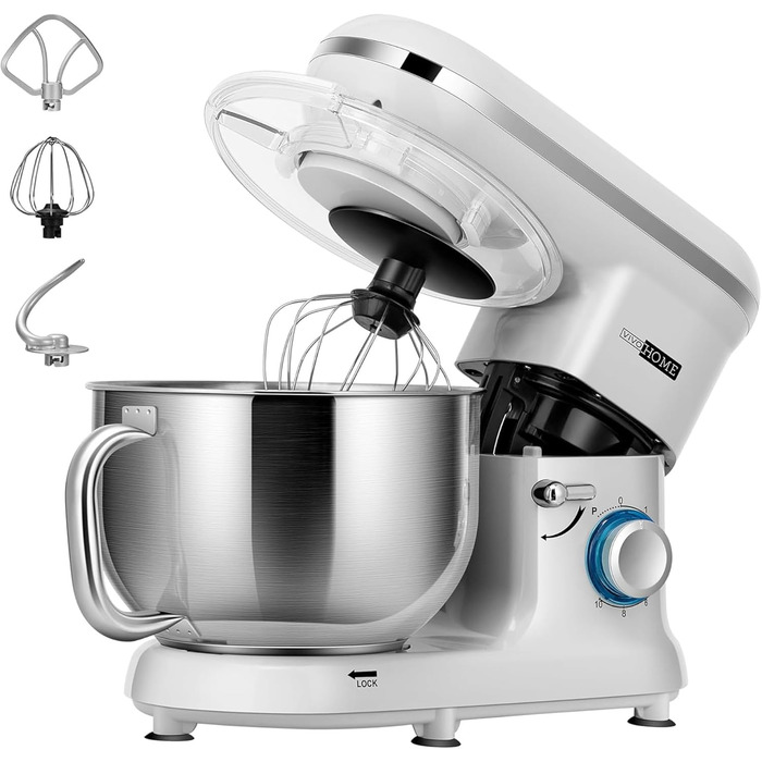 Кухонний міксер VIVOHOME 660 Вт, 10 швидкостей, 6 літрів, електричний, з набором насадок (міксер, віночок, гак для тіста, сепаратор)