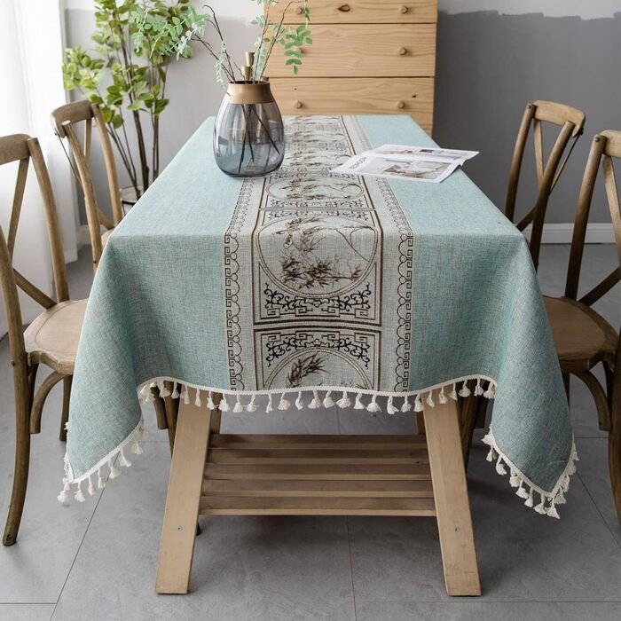 Pahajim Rectangular Cotton Linen Tablecloth Washable Tassels Design Garden Tablecloth for Coffee Table Home Kitchen Dining Table Decoration (Green, 140 x 260 cm)