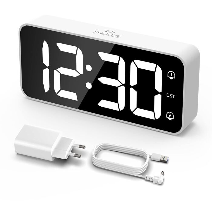 Цифровий LED будильник LATEC з 2 сигналами будильника, функцією Snooze, USB-портом для зарядки, регулюванням яскравості та гучності (90-120 дБ), 8 мелодій, формат 12/24г, мережевий, білий
