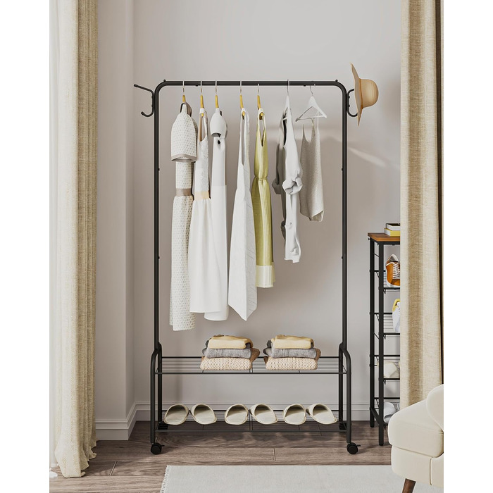 Clothes Rack with 2-Tier Shelf, 3-in-1 Design, Clothes Stand with 4 Wheels, Coat Rack with 4 Hooks for Bags, GR07499A (Black)