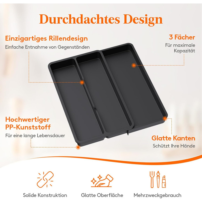 Органайзер для столових приладів Lifewit в шухляду, розширюваний (43.9 см), чорний, 23-37 x 40 x 4.6 см - для кухні, ложок, ножів, лопаток