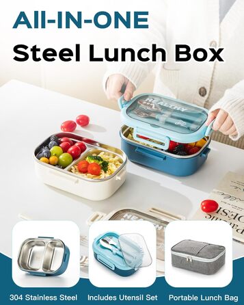 Ланчбокс Lille Home Bento з нержавіючої сталі, 850 мл, 2 відділення, витікання, з сумкою та столовими приборами, BPA-free (Світло-блакитний)