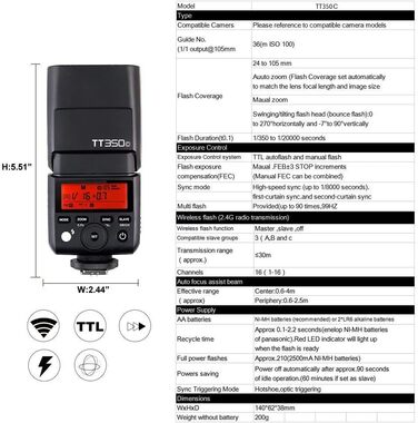 Спалах Godox TT350C TTL для Canon: 2.4G, HSS 1/8000s, GN36, сумісний з 6D, 7D, 50D, 60D, 500D, 550D, 600D, 650D, 1000D, 1100D, 1DX, 580EX II, 5D Mark II III