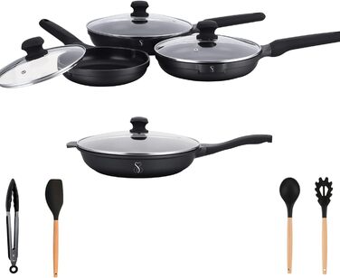 Набір сковорідок Stone&Stone (4 шт.) 20-24-28-32 см | Антипригарне покриття, для індукції та газу | Професійні сковороди з німецьким покриттям + 4 кришки, 4 аксесуари, без PFAS