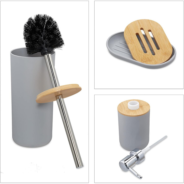 Набір для ванної кімнати Relaxdays, 6 предметів: аксесуари для ванної з пластику та бамбуку, повна комплектація, сірий колір