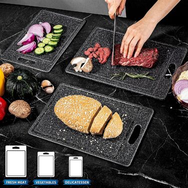 Набір обробних дощок 3 шт. з імітацією граніту, антиковзаючі наклейки, жолоб для соку, BPA-Free, з ручкою. Дошки з пластику, антибактеріальні, чорного кольору. Аксесуари для кухні