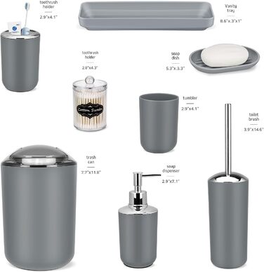 Набір аксесуарів для ванної кімнати IMAVO – 8 предметів сірого кольору (сміттєвий бак, дозатор мила, мильниця, тримач для зубних щіток, тримач для унітазного йоржика, диспенсер для ватних паличок з етикетками)