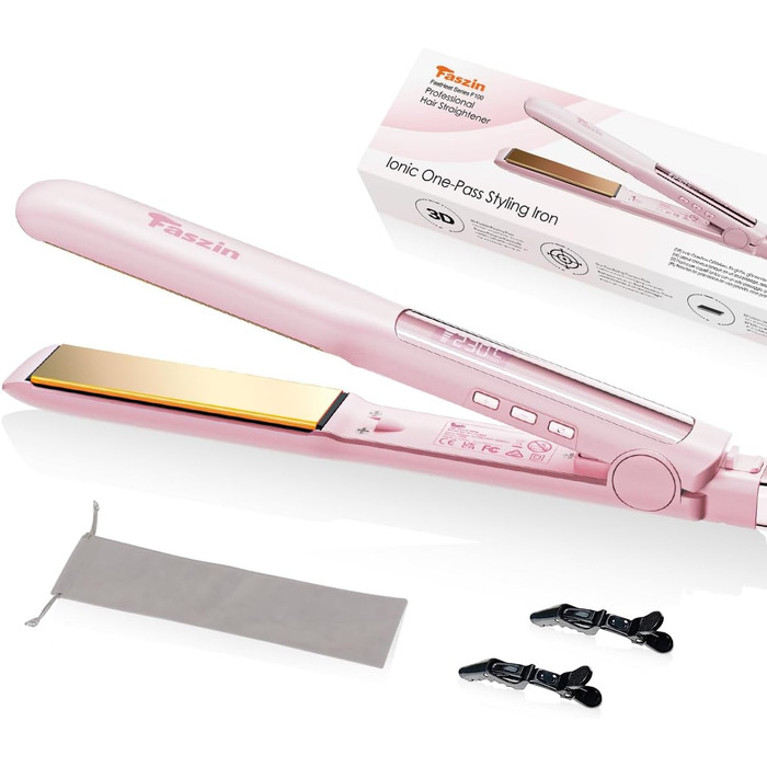 Випрямляч для волосся з титановими пластинами, іонізація, швидкий нагрів 20s, LCD-дисплей, універсальна напруга, 2-в-1 (локен/випрямляч), рожевий