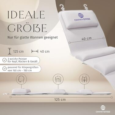 Подушка для ванни Omniverse Ganzkörper 125x40 см, для зросту 160-180 см, для гладких ванн, швидковисихаюча, гіпоалергенна, з 3 подушками, біла