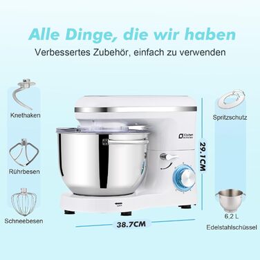 Кухонна машина Küchenmaschine 6.2 л, 1400 Вт, 6 швидкостей, з набором насадок (міксер, гак для тіста)