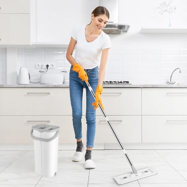 Набір для миття підлоги з відром GIOVARA: моп з відром, система віджиму, мікрофібра, 6 насадок, для всіх типів підлоги, білий