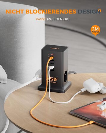 Зарядний пристрій TESSAN 6 в 1 з 6 портами USB, 65W, з кабелем 2м, для телефонів, планшетів та іншого, білий/чорний
