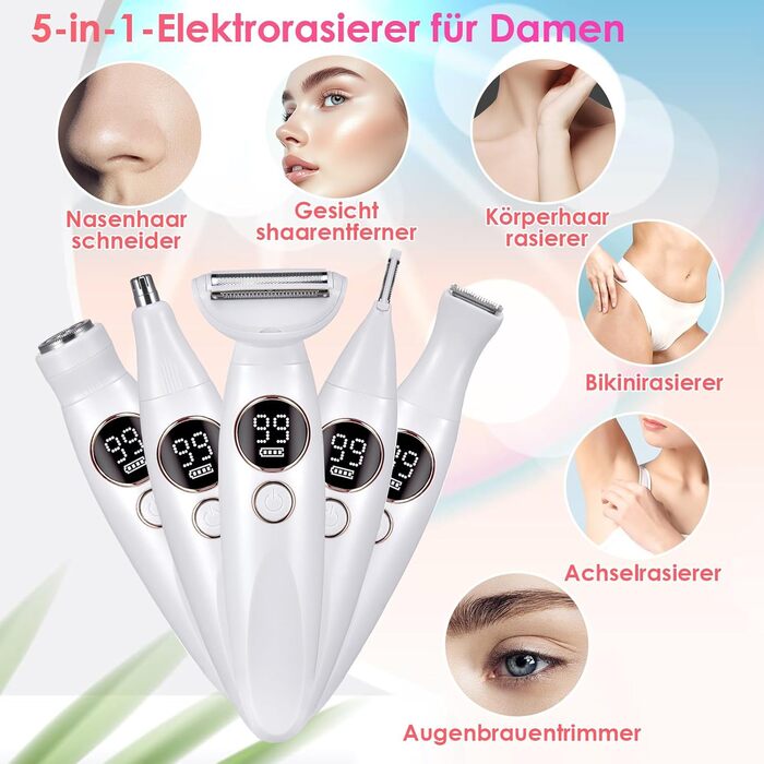 Електричний жіночий епілятор 5-в-1 з 3 насадками для бікіні, обличчя та тіла, водонепроникний (IPX7)