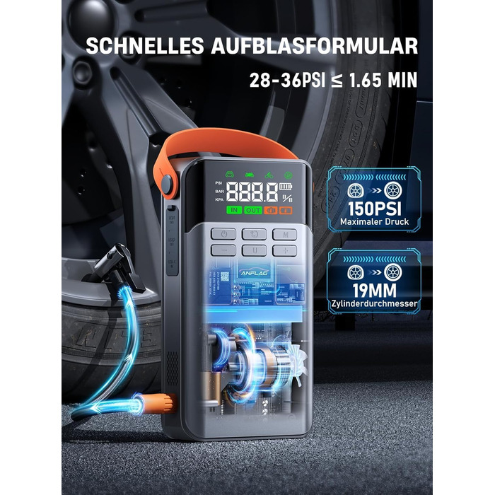 Powerbank для автомобіля з компресором 150PSI ANFLAG 5500A, стартер для бензинових та дизельних двигунів (12.0L), LCD дисплей, LED ліхтарик, подвійний USB, сірий