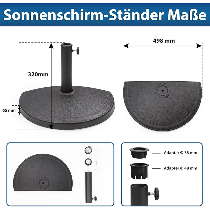 Paramondo Half-Round Umbrella Stand - Weatherproof umbrella stand with mast thickness 35-50 mm, including adapter, balcony stand, 9 kg, black