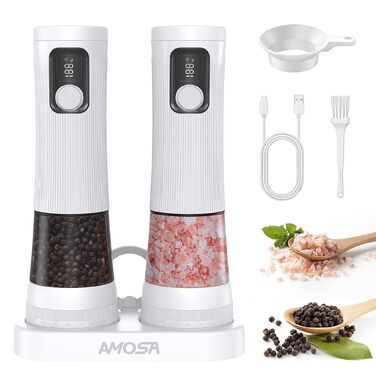 Електрична млин для солі та перцю AMOSA 2-в-1 USB, біла - автоматична, з LED підсвіткою та регулюванням помелу