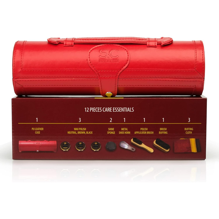 Stone & Clark 12-Piece Shoe Cream & Leather Care Set with Brown Wax, Shoe Brushes for Polishing, Compact Shoe Shine Kit with Horsehair Brushes & PU (Case: Hot Red)
