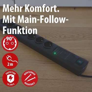 Смуга живлення Brennenstuhl Primera-Tec Comfort Switch Plus з захистом від перенапруги (2м кабель, вимикач та RJ-11 роз'єм) чорна з ручним/ножним вимикачем (7 розеток, функція Main-Follow, Single)