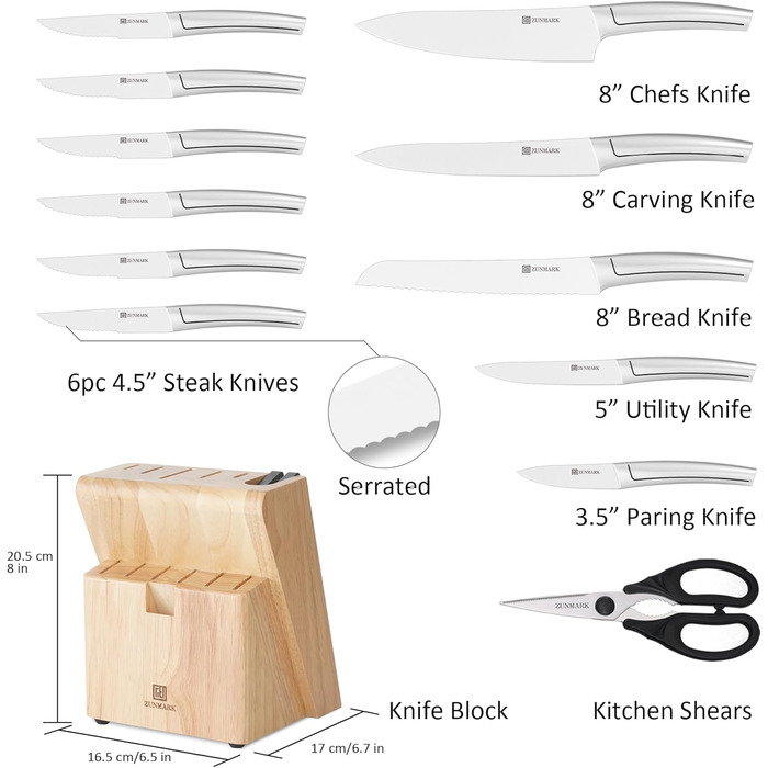 Набір ножів у блоці 13 предметів з нержавіючої сталі з ергономічними ручками, набір кухонних ножів для кухні, дерев'яний блок з шкіряним ремінцем (чорний та срібний)