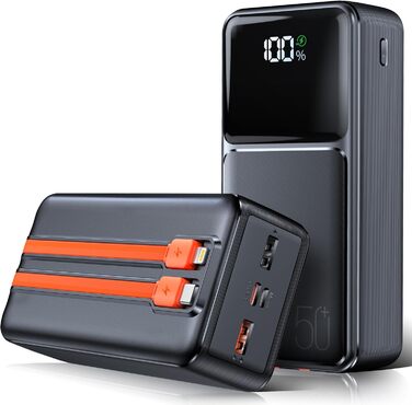 Power Bank 50000mAh з LED дисплеєм та ліхтариком: швидка зарядка PD30W, 5 входів/2 виходи, чорно-помаранчевий