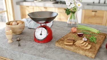 Кухонні ваги ETA Storio: аналогові, ретро-дизайн, металева чаша 2л, до 5кг, червоний колір