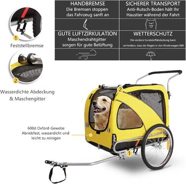 Трансформер для собак XL: велосипедний/біговий, 2-в-1, з гальмом та світловідбивачами, 600D Oxford, до 40 кг, жовтий