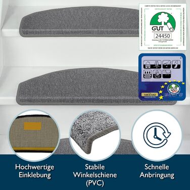 Beautissu Stair Treads - 55x15 cm - 15 Pack - Non-Slip Indoor Stair Mats - Carpet Stair Treads for Narrow Stairs - ProStair - Grey