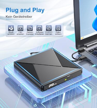 Зовнішній CD/DVD привід USB 3.0 та USB-C, оптичний накопичувач CD/DVD +/-RW ROM для ноутбука, ПК, MacBook, iMac (Windows, MacOS, Linux)
