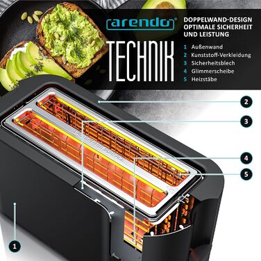 Arendo - Stainless Steel Toaster, Long Slot, 4 Slice - Touchscreen – Double-Walled Housing – 1500 W – Integrated Bagel Attachment – 7 Browning Levels – Bread Centering – Remaining Time Display – Memory Function A: Cool Grey