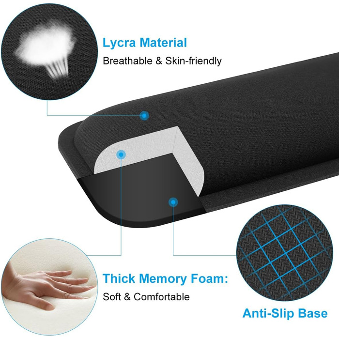 Підставка для зап'ястя ELZO для клавіатури з Memory Foam - ергономічна, проти болю в зап'ясті, для ПК та ноутбука (Чорний)