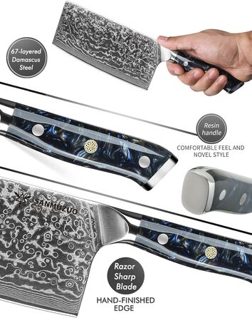 SANMUZUO Nakiri Messer 19 см - професійний ніж шеф-кухаря Дамаск, серія Xuan, VG10 сталь, ручка з епоксидної смоли (Dream Orange)