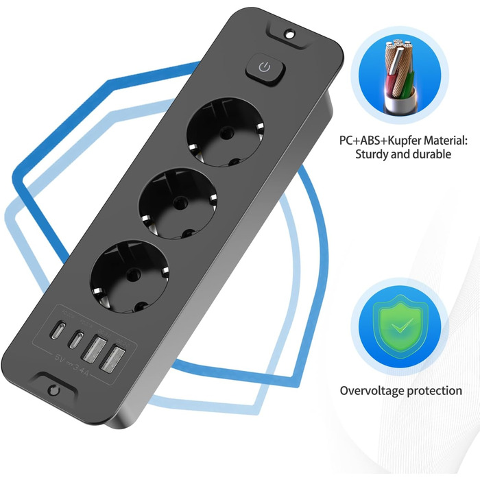 Мережевий фільтр 5 розеток з індивідуальним вимикачем, з 2 USB-A та 2 USB-C, розгалужувач розеток 5 розеток зі switch, мережевий фільтр настінний з 2м кабелем, PD 20W - (3 розетки 4 USB, Чорний)