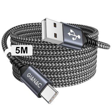 Кабель USB-C GIANAC 5M: зарядний та передавач даних для Samsung, Huawei, Google, Sony (зелений)