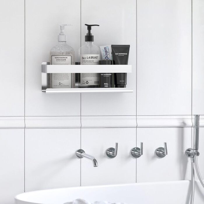 INTIRILIFE Self-Adhesive Shower Shelf in Silver - 23 x 10.5 x 8 cm - Shower Shelf No Drilling, Shampoo Holder Shower Basket Wall Mounting Bathroom Accessories Basket - Rustproof, Stainless Steel Shelf for Bathroom and Kitchen