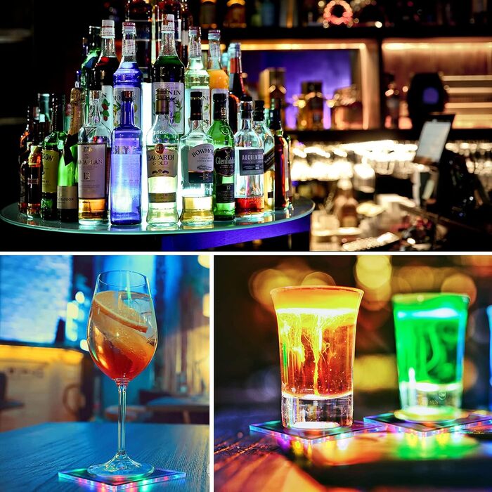 MEDOYOH Square Cool White LED Coasters for Drinks, ON/Off Switch Drink Coasters Set, Waterproof Coasters Glowing for Glasses Bottles Parties Weddings Bar Christmas (Colorful LED, 8-Piece Set)