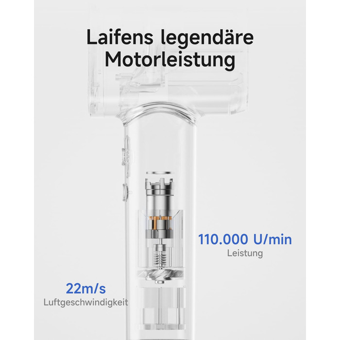 Фен Laifen з магнітною насадкою, 200 млн негативних іонів, 110 000 об/хв, швидке сушіння, Swift Premium, кобальтово-синій