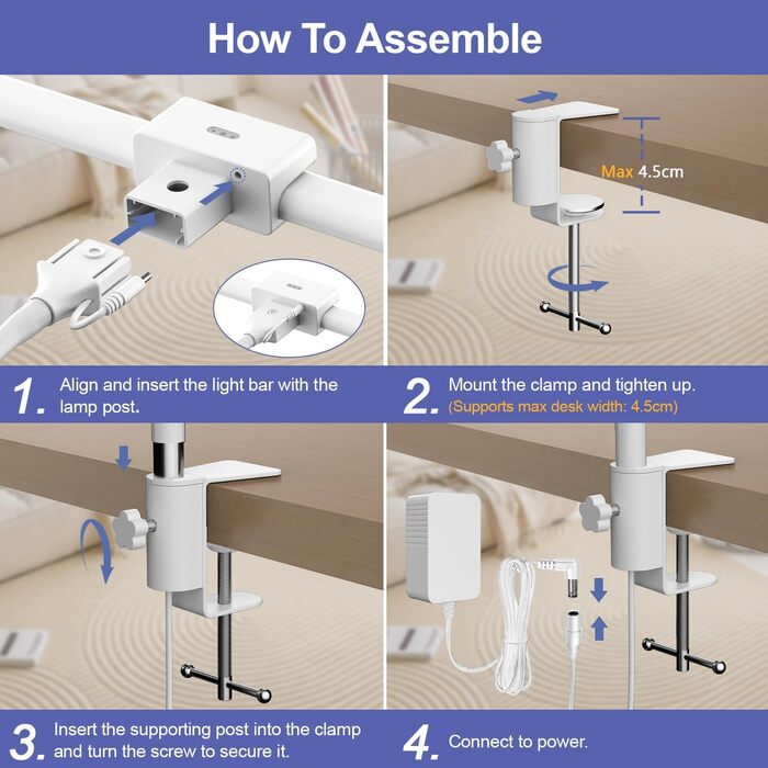 LED настільна лампа EppieBasic 24W з регулюванням яскравості, 80см, з кріпленням, захистом для очей, гнушим шийкою, для офісу, монітора, робочого місця, з таймером, чорна
