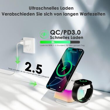 Бездротова зарядна станція 3-в-1 Minthouz Leap Cube 15, швидка зарядка 15W Qi, підставка з багатокольоровою підсвіткою для iPhone 16, 15, 14, 13