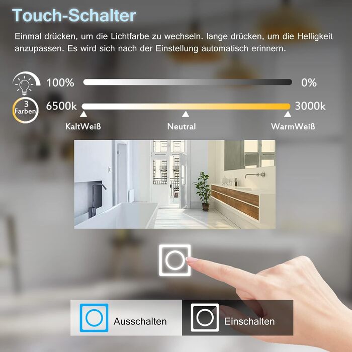 MIQU LED дзеркало для ванної кімнати з підсвічуванням 60x50 см, велике дзеркало для ванної кімнати з сенсорним регулюванням, антизапар, 3 кольори світла, для ванної, туалету, коридору