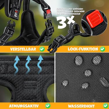 Шлейка для собак без натягу та задухи, дихаюча та м'яка, з світловідбиваючими елементами | Шлейка No-Pull з кишенькою для відходів | Регульована шлейка з ручкою - (M, Чорний)