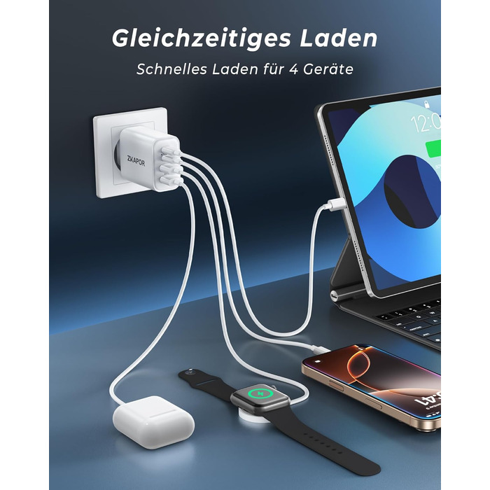 Мережевий адаптер ZKAPOR 40W з 4 USB-портами: швидка зарядка PD+QC для iPhone 16/15/14, Samsung Galaxy, Huawei, iPad