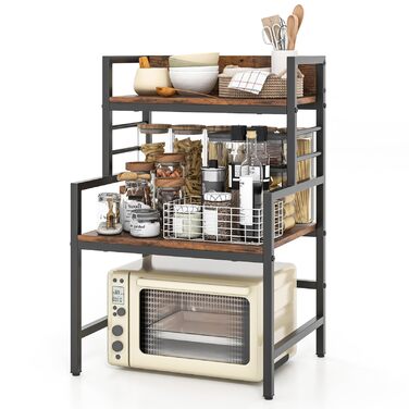 Полиця для мікрохвильової печі KOMFOTTEU 52x42x78 см, кухонна полиця з регульованими ніжками та захистом від перекидання, економна полиця для каструль, сковорідок, тарілок та мисок, коричнева