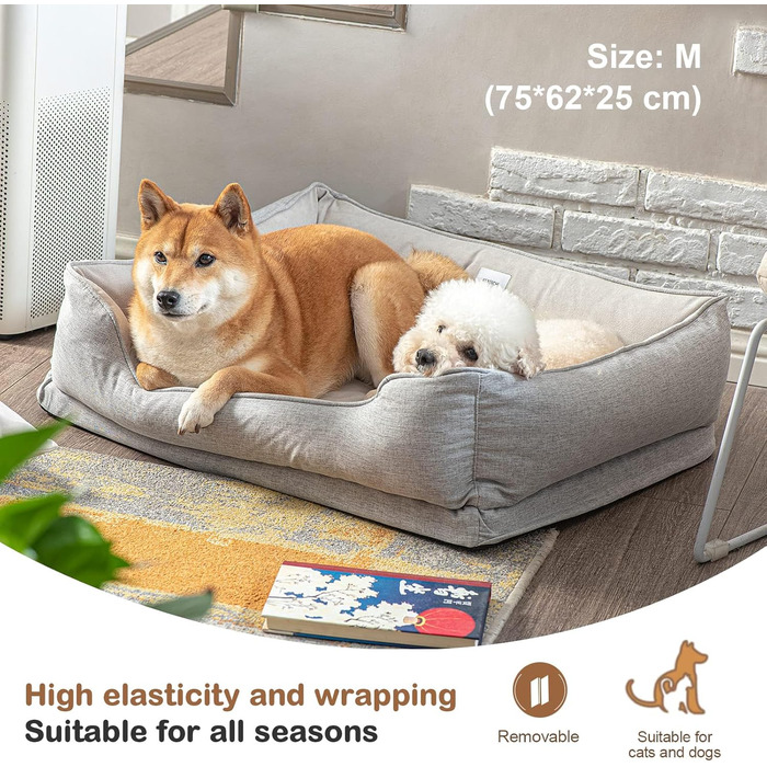 Ортопедичне ліжко для собак та котів, миється, для середніх та маленьких собак, знімний кошик, пухнастий, стійкий до укусів (75 x 62 x 25 см, кольоро персика)