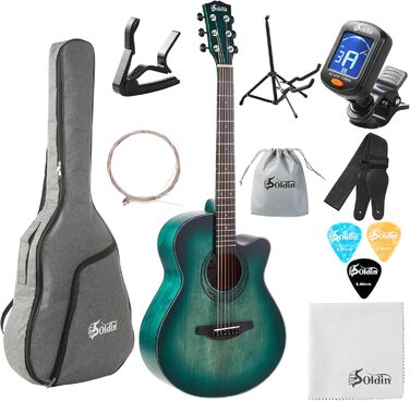 Акустична гітара Soldin 40 дюймів Premium з масивної соснової верхньої деки. Комплект: чохол, підставка, тюнер, ремінь, каподастр, струни, серветка, медіатори (Nilblau)